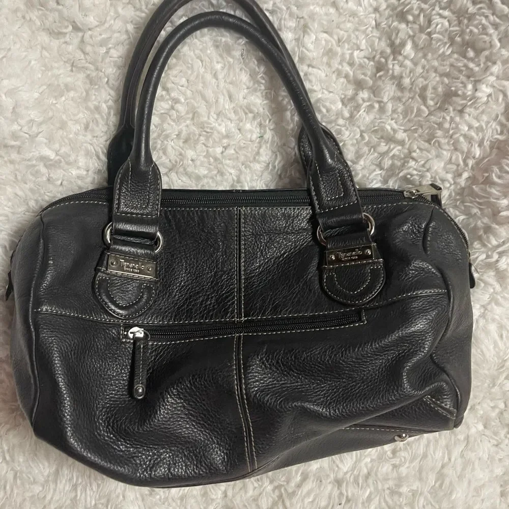 Tignanello leather black Medium Satchel silver tone hardwares.